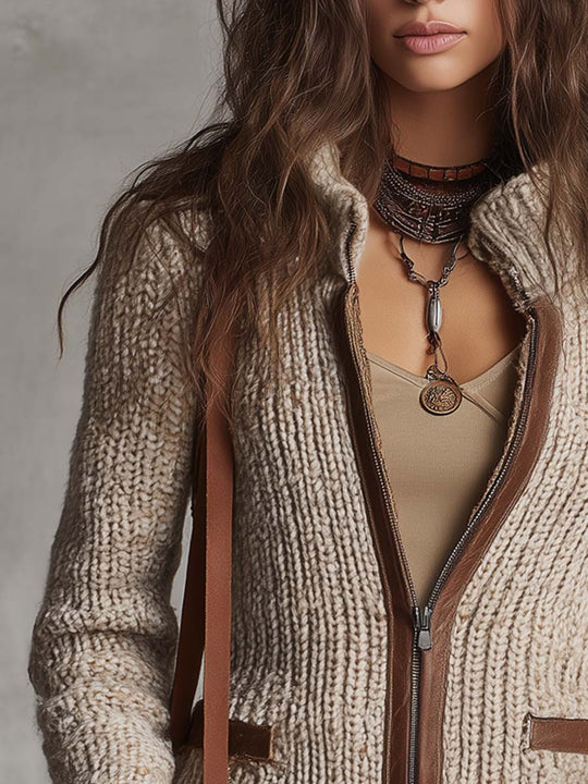 Vintage Contrast Faux Leather Trim Knit Cardigan