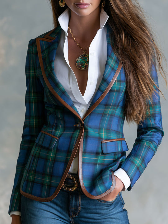 Vintage Plaid Notched Lapel Contrast Piping Tailored Blazer