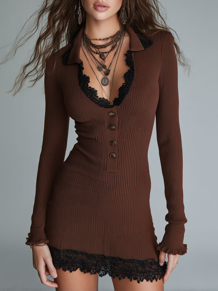 Retro Collared Ribbed-Knit Slim Fit Mini Dress With Lace Trim