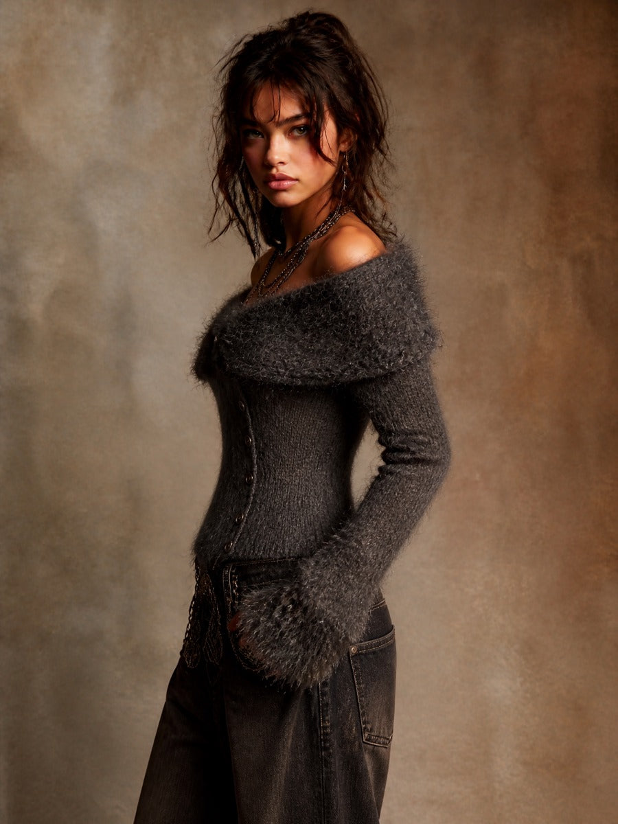 Vintage Off-Shoulder Fuzzy Knit Cardigan Sweater with Button Front