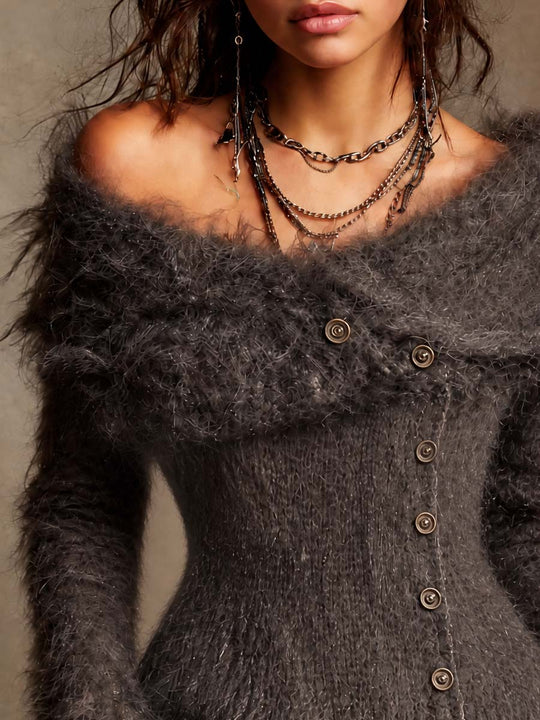 Vintage Off-Shoulder Fuzzy Knit Cardigan Sweater with Button Front