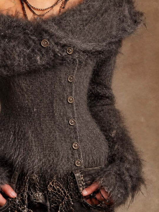 Vintage Off-Shoulder Fuzzy Knit Cardigan Sweater with Button Front