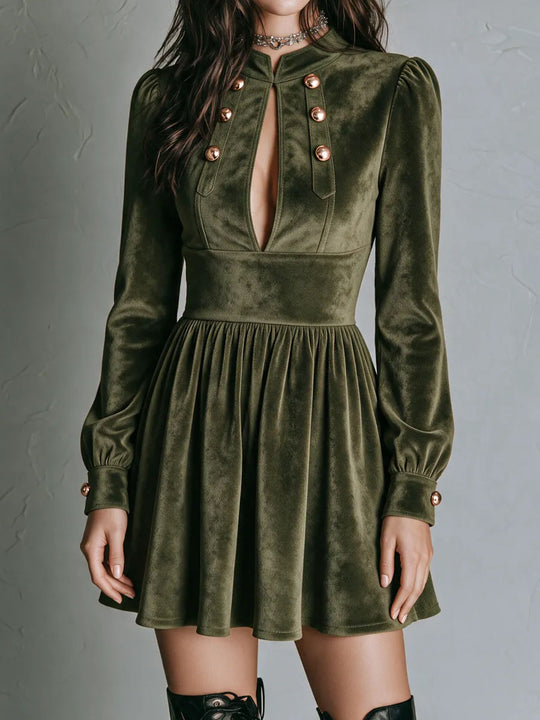 Gothic Victorian Double Bronze Buttons Olive Velvet Mini Dress