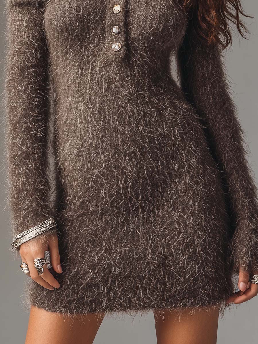 Vintage Fuzzy Knit Off-Shoulder Long Sleeve Mini Sweater Dress