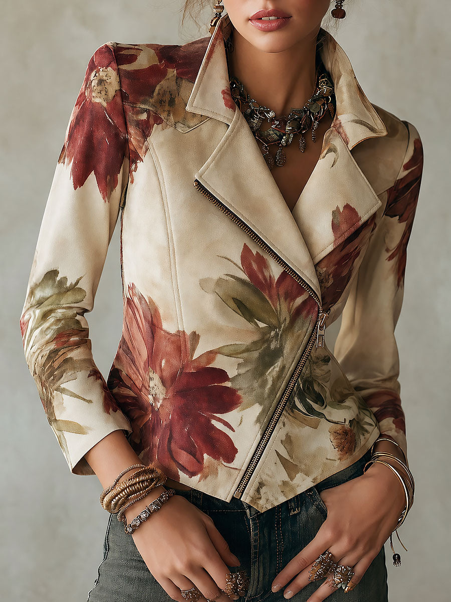 Boho Floral Print Asymmetric Hem Zip Moto Jacket
