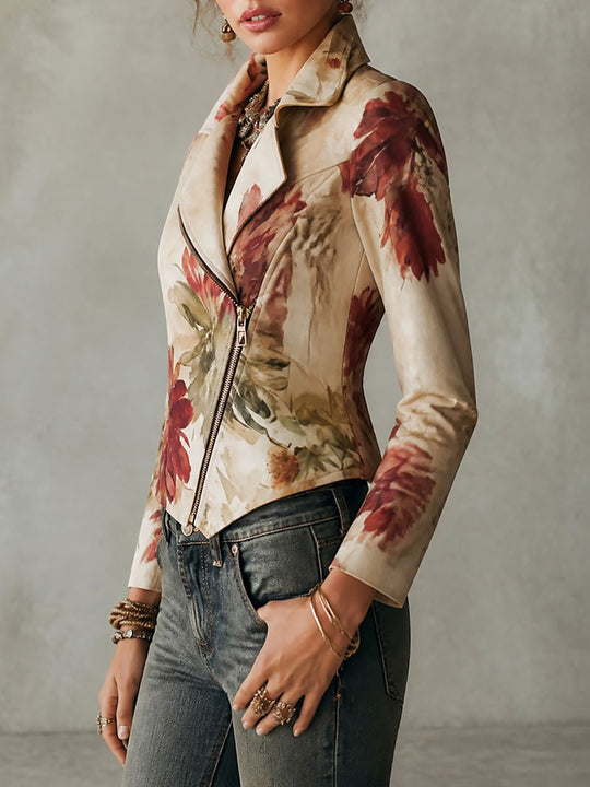 Boho Floral Print Asymmetric Hem Zip Moto Jacket