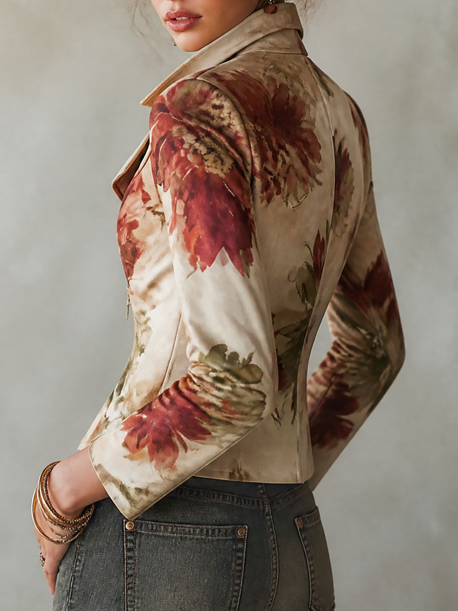 Boho Floral Print Asymmetric Hem Zip Moto Jacket