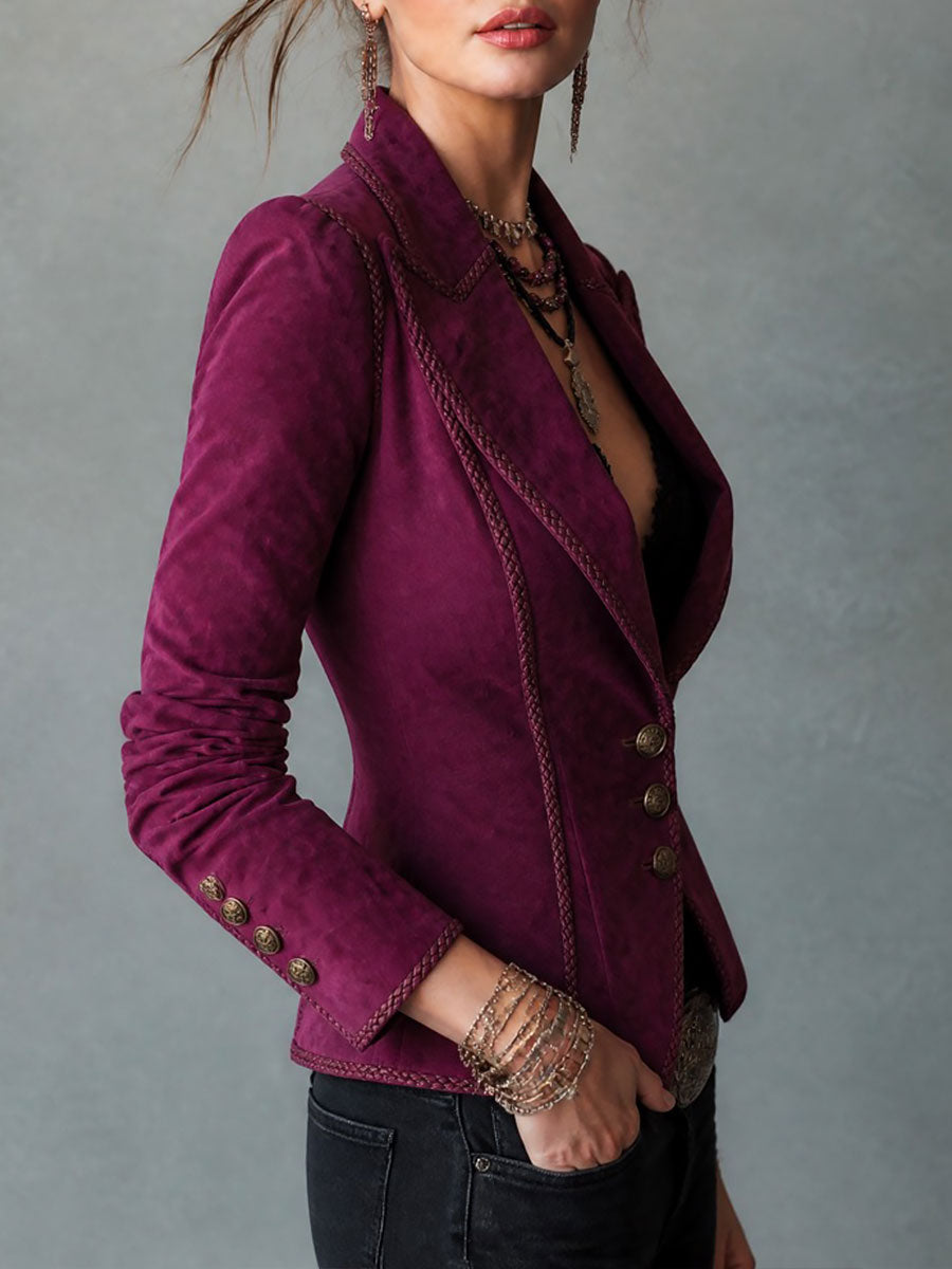 Retro Magenta Fitted Suede Blazer With Braided Trim