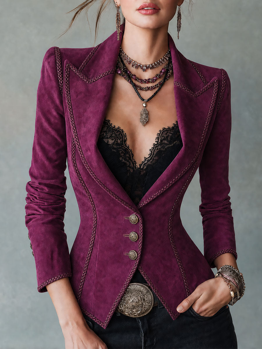 Retro Magenta Fitted Suede Blazer With Braided Trim