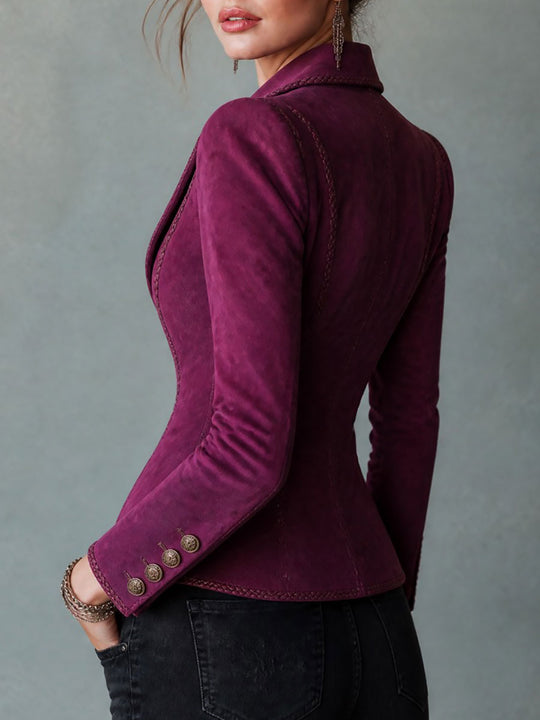 Retro Magenta Fitted Suede Blazer With Braided Trim