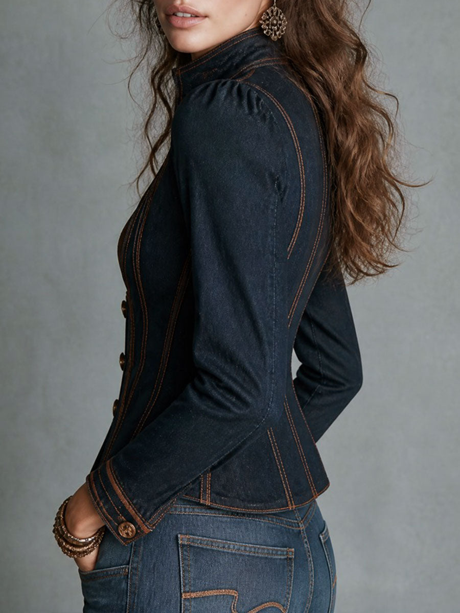 Boho Fitted Denim Corset Jacket With Contrast Stitching