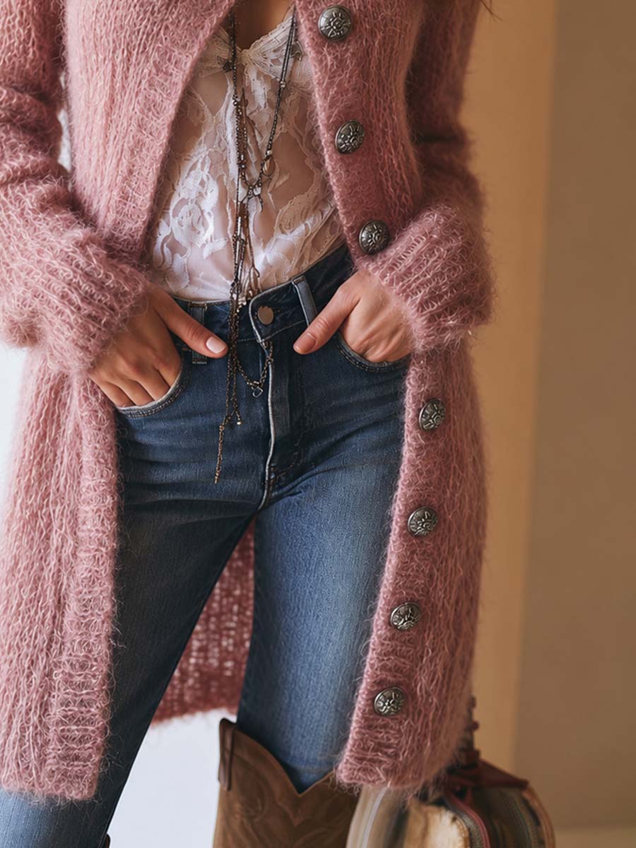 Vintage-style Mohair Asymmetric-placket Mid-length Cardigan