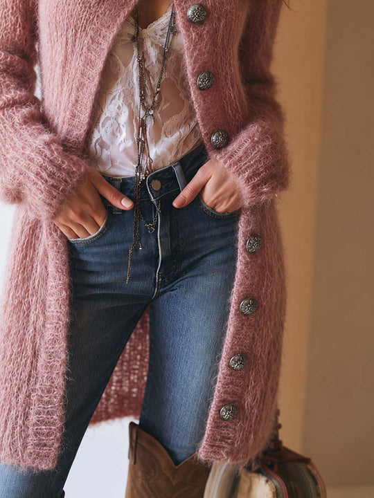 Vintage-style Mohair Asymmetric-placket Mid-length Cardigan