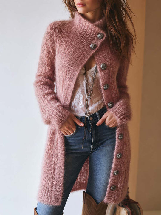 Vintage-style Mohair Asymmetric-placket Mid-length Cardigan