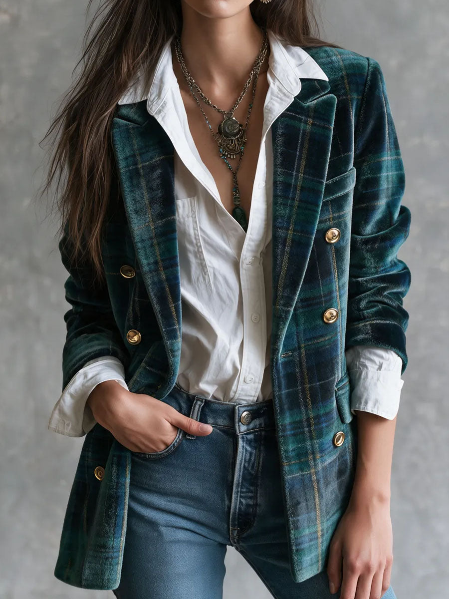 Vintage Notched Lapel Tartan Plush Velvet Jacket With Double Breasted