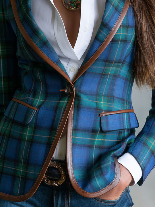 Vintage Plaid Notched Lapel Contrast Piping Tailored Blazer