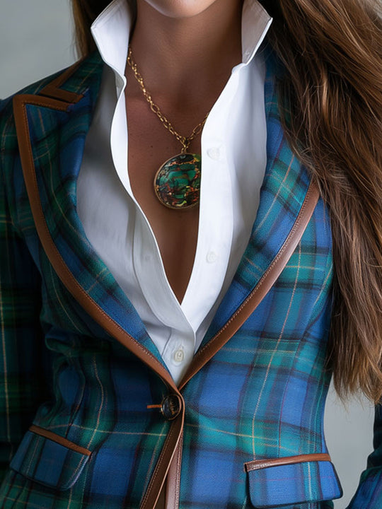 Vintage Plaid Notched Lapel Contrast Piping Tailored Blazer