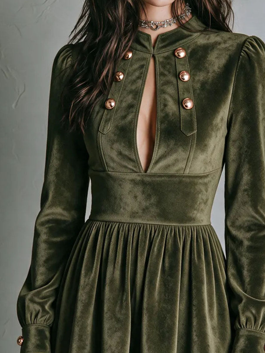 Gothic Victorian Double Bronze Buttons Olive Velvet Mini Dress