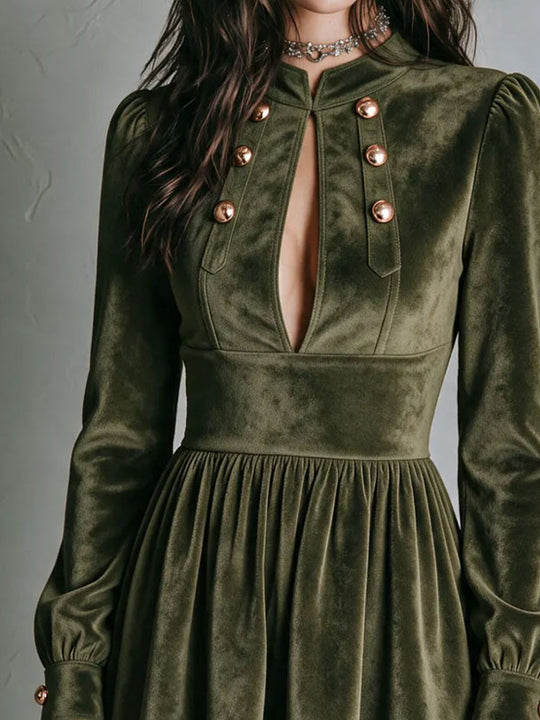 Gothic Victorian Double Bronze Buttons Olive Velvet Mini Dress