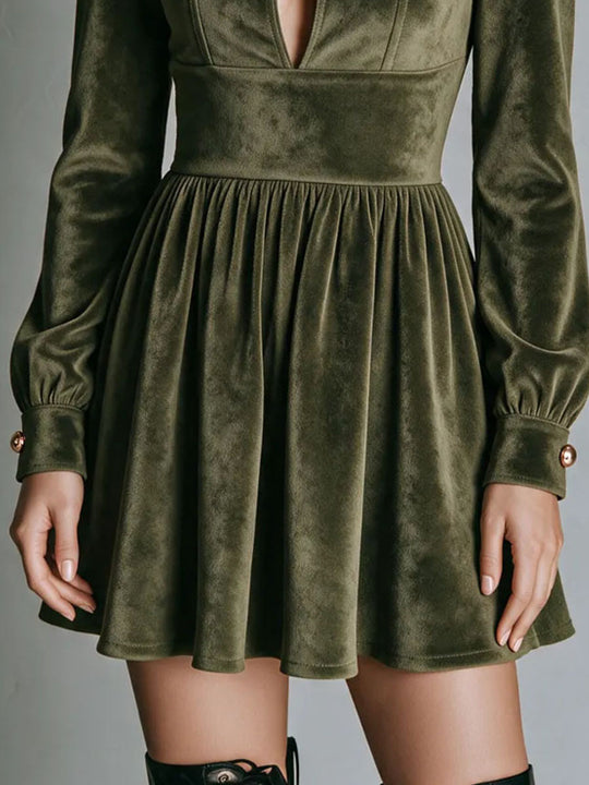 Gothic Victorian Double Bronze Buttons Olive Velvet Mini Dress