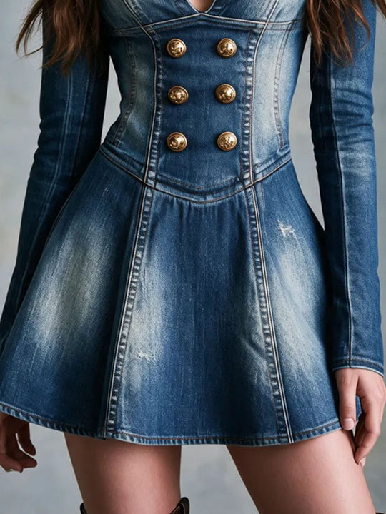 Boho Stand Collar Washed Denim Double‑Breasted Mini Dress