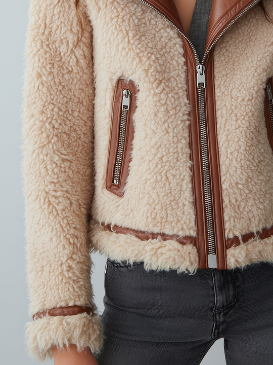 Vintage Cream Brown Faux Shearling Moto Jacket
