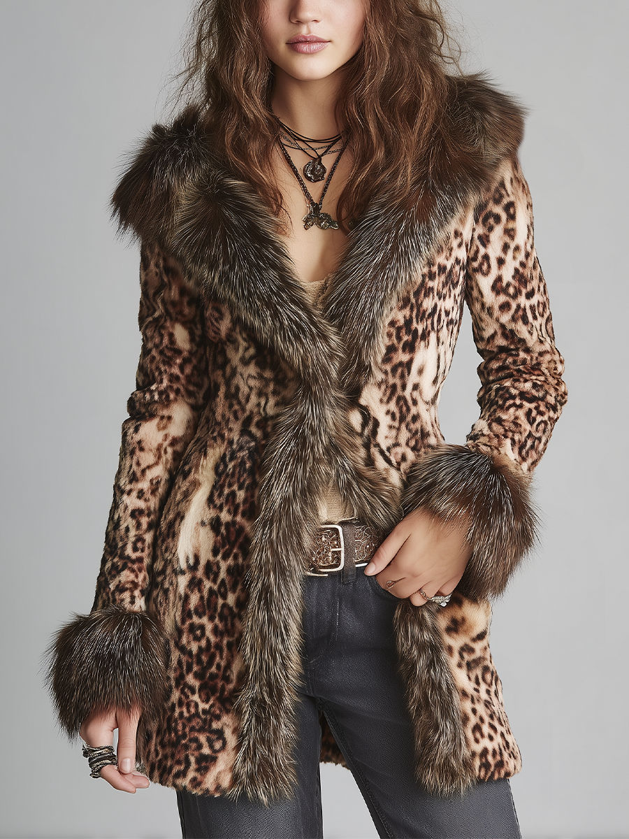 Vintage Leopard Brown Faux Fur Trim Long Coat