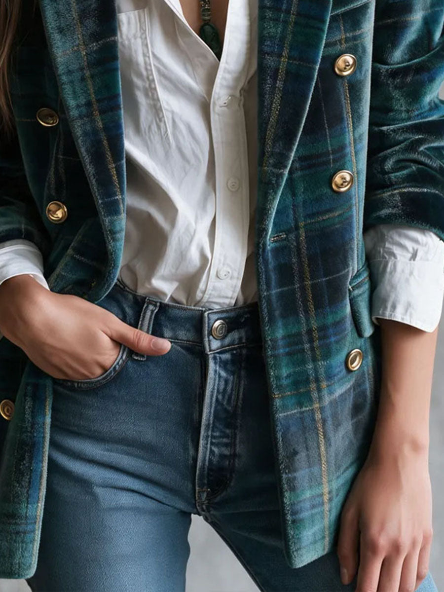 Vintage Notched Lapel Tartan Plush Velvet Jacket With Double Breasted