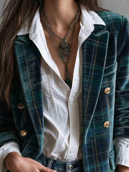 Vintage Notched Lapel Tartan Plush Velvet Jacket With Double Breasted