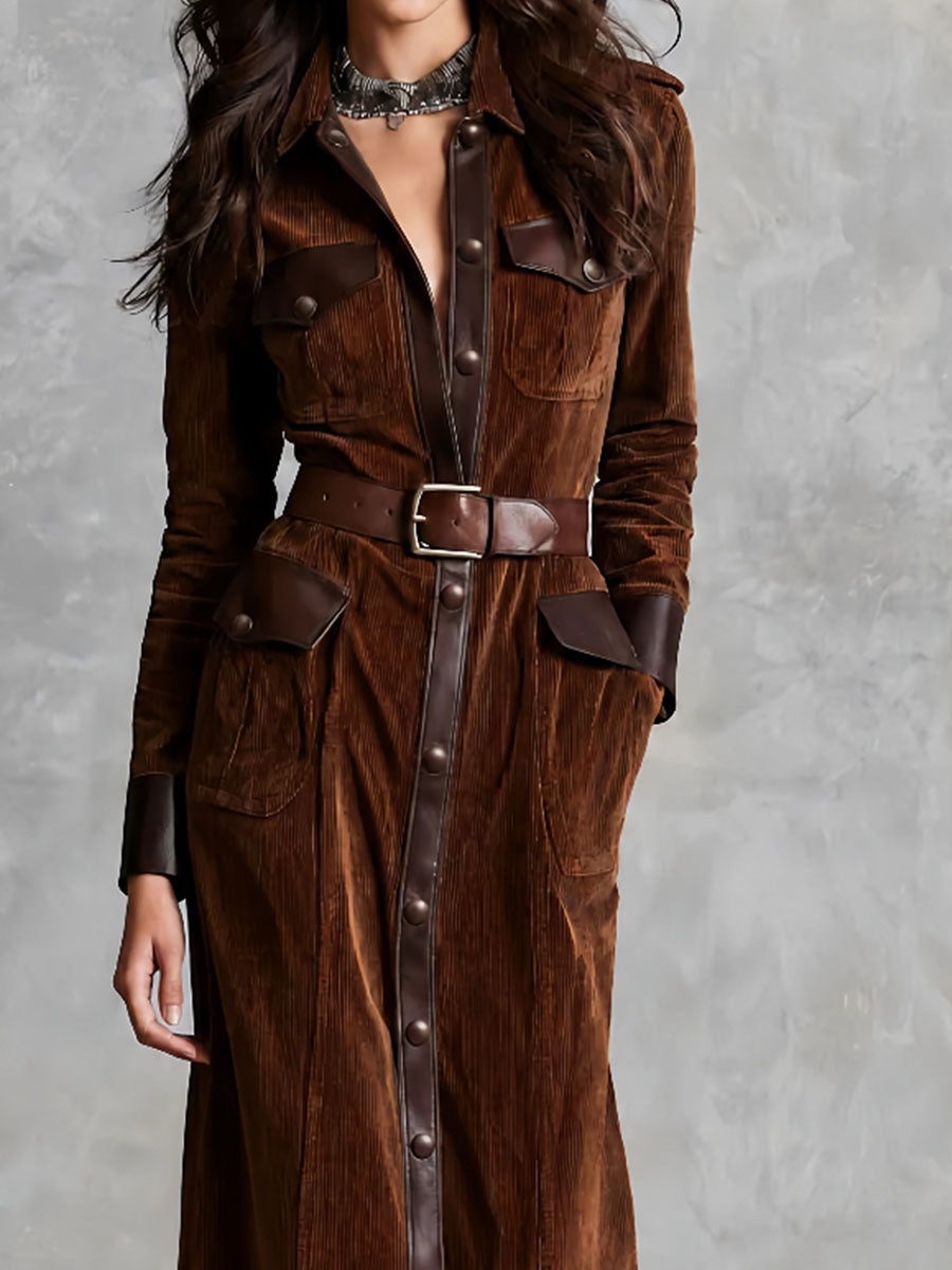 Vintage Western Corduroy Belted Shirt Dress With Leather Trim
