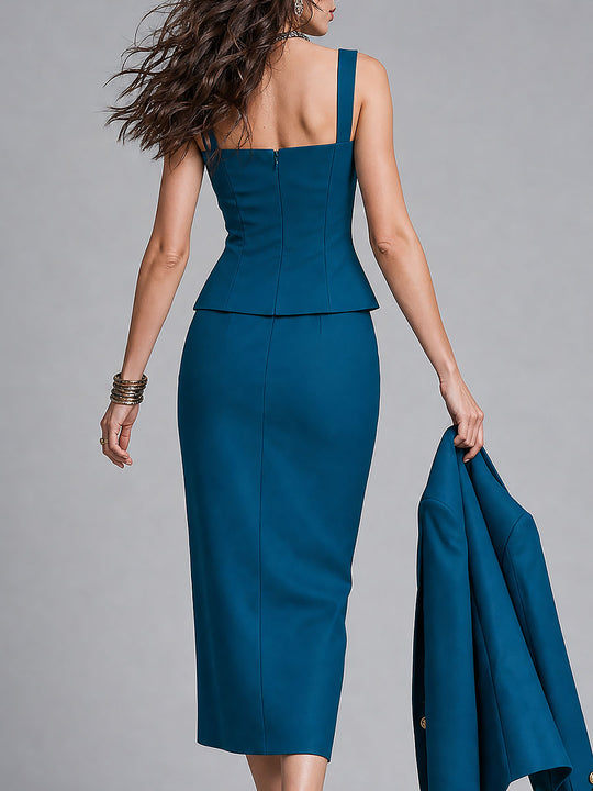 Elegant Button-Accented Sweetheart Neckline Top & Slit Hem Skirt Set