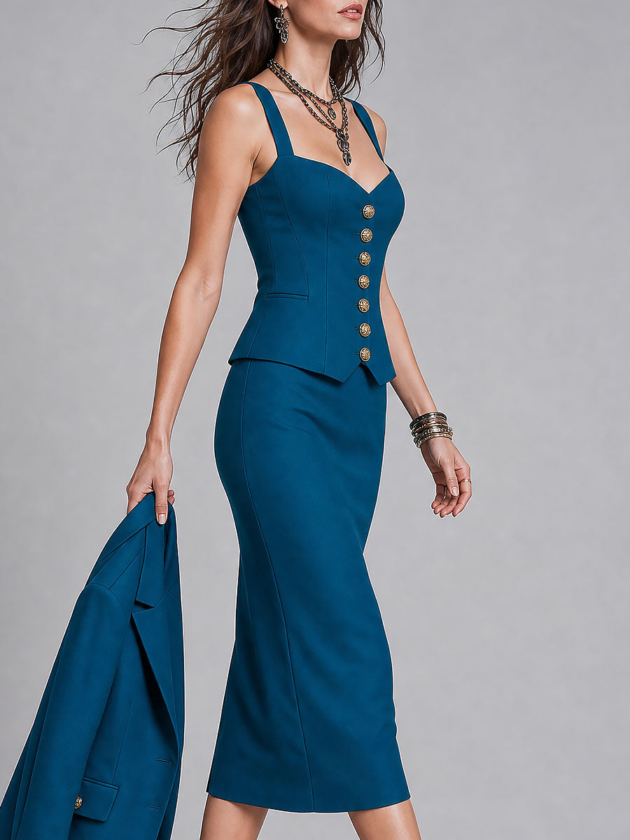 Elegant Button-Accented Sweetheart Neckline Top & Slit Hem Skirt Set