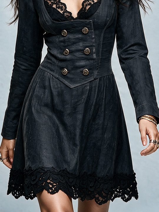 Boho Gothic Coated Black Denim Lace Trim Mini Dress With Gold Buttons