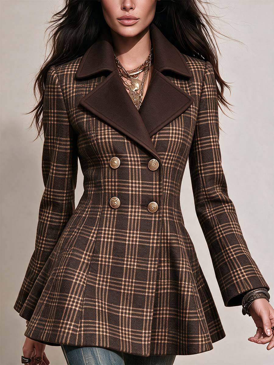 Boho Plaid Double Breasted Peplum Blazer Jacket