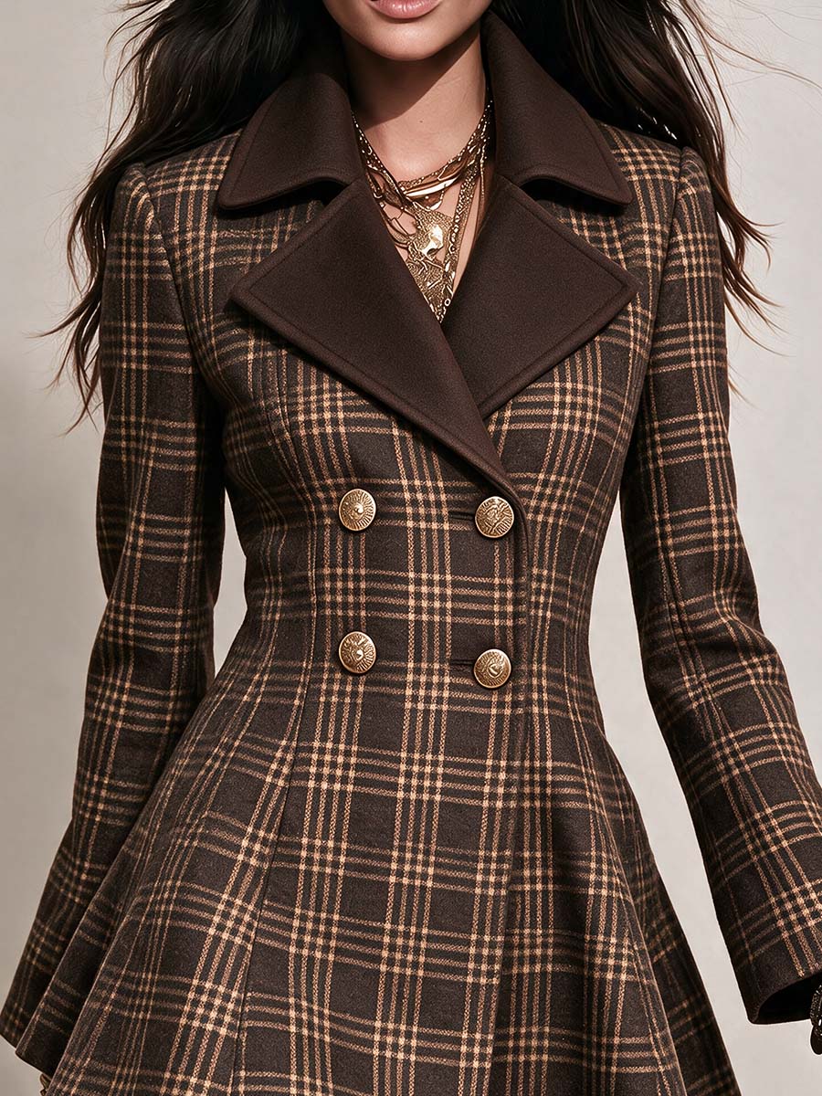 Boho Plaid Double Breasted Peplum Blazer Jacket