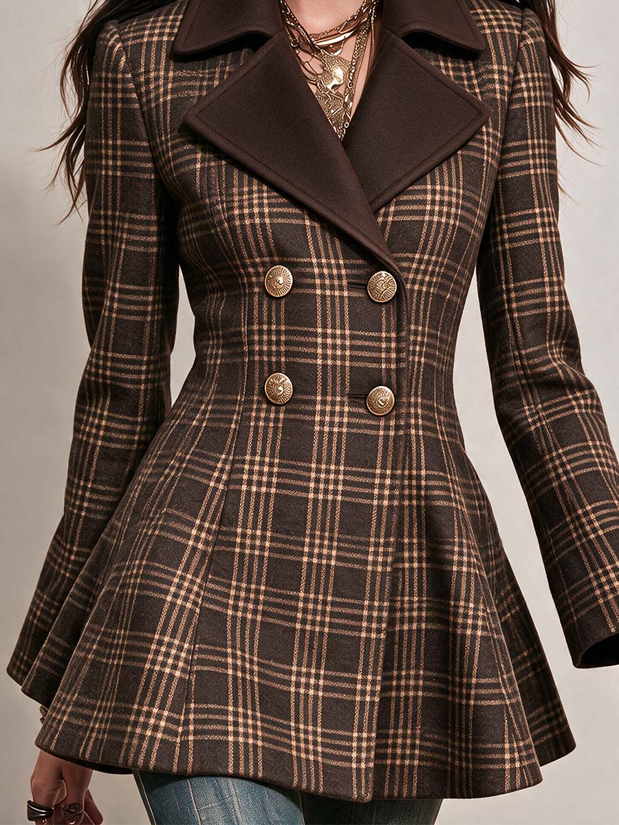 Boho Plaid Double Breasted Peplum Blazer Jacket
