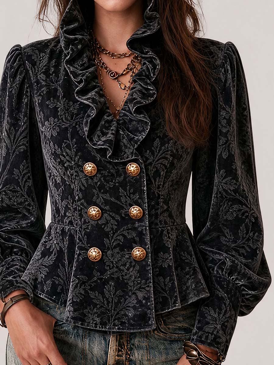 Boho Velvet Floral Jacquard Peplum Blazer Jacket
