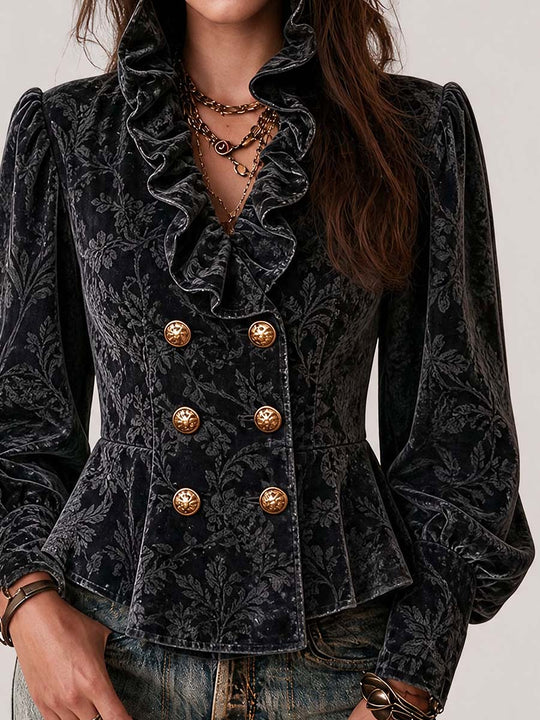 Boho Velvet Floral Jacquard Peplum Blazer Jacket