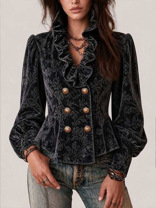 Boho Velvet Floral Jacquard Peplum Blazer Jacket
