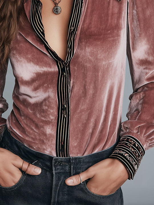 Quiet Luxury Velvet Puff-sleeve Blouse With Striped Trim