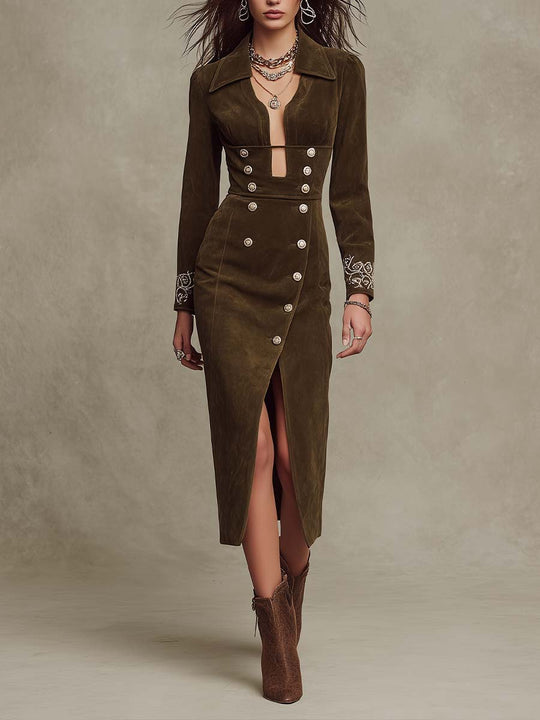 Retro Napoleon Style Embroidered Suede Cuff Slim-fit Midi Dress