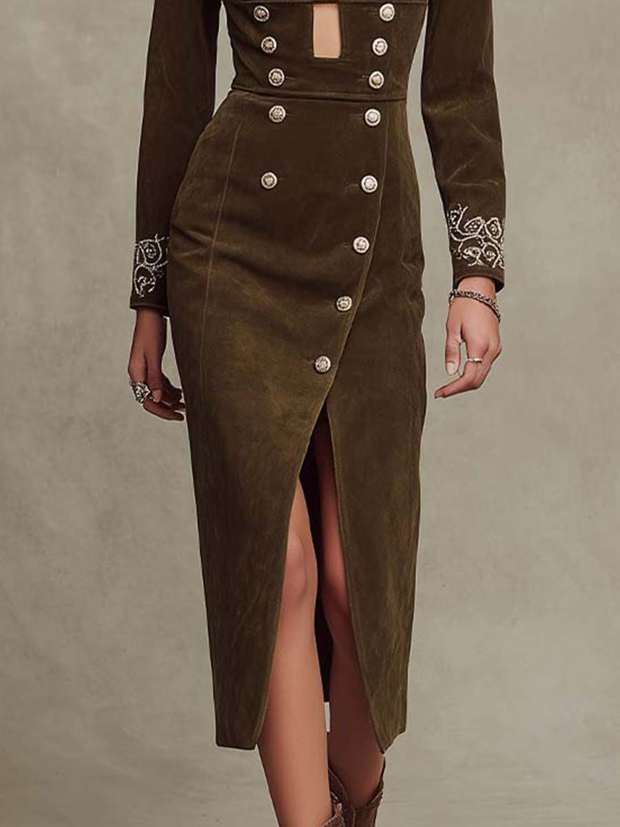 Retro Napoleon Style Embroidered Suede Cuff Slim-fit Midi Dress