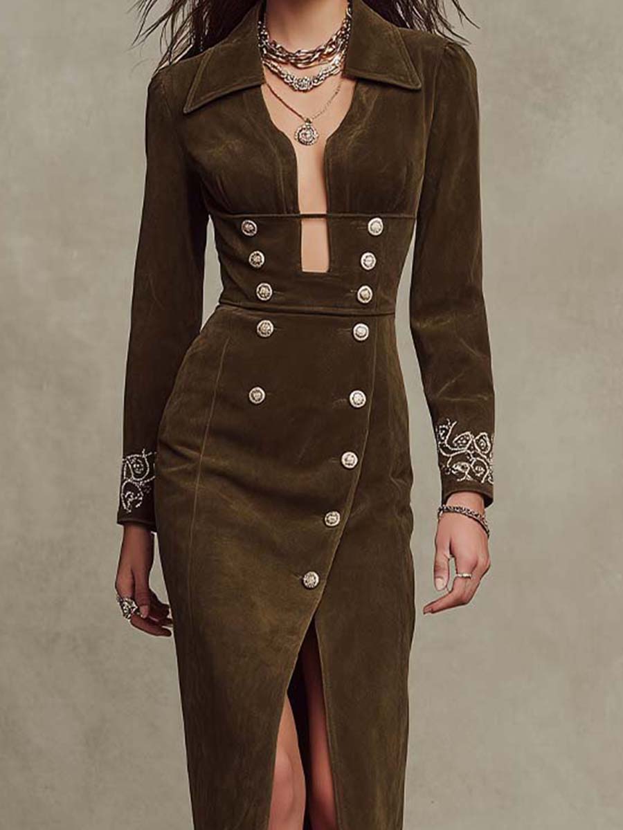 Retro Napoleon Style Embroidered Suede Cuff Slim-fit Midi Dress