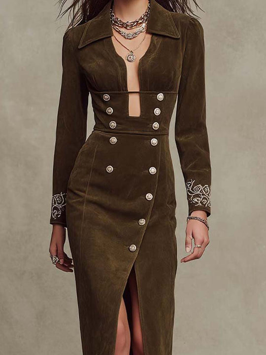 Retro Napoleon Style Embroidered Suede Cuff Slim-fit Midi Dress