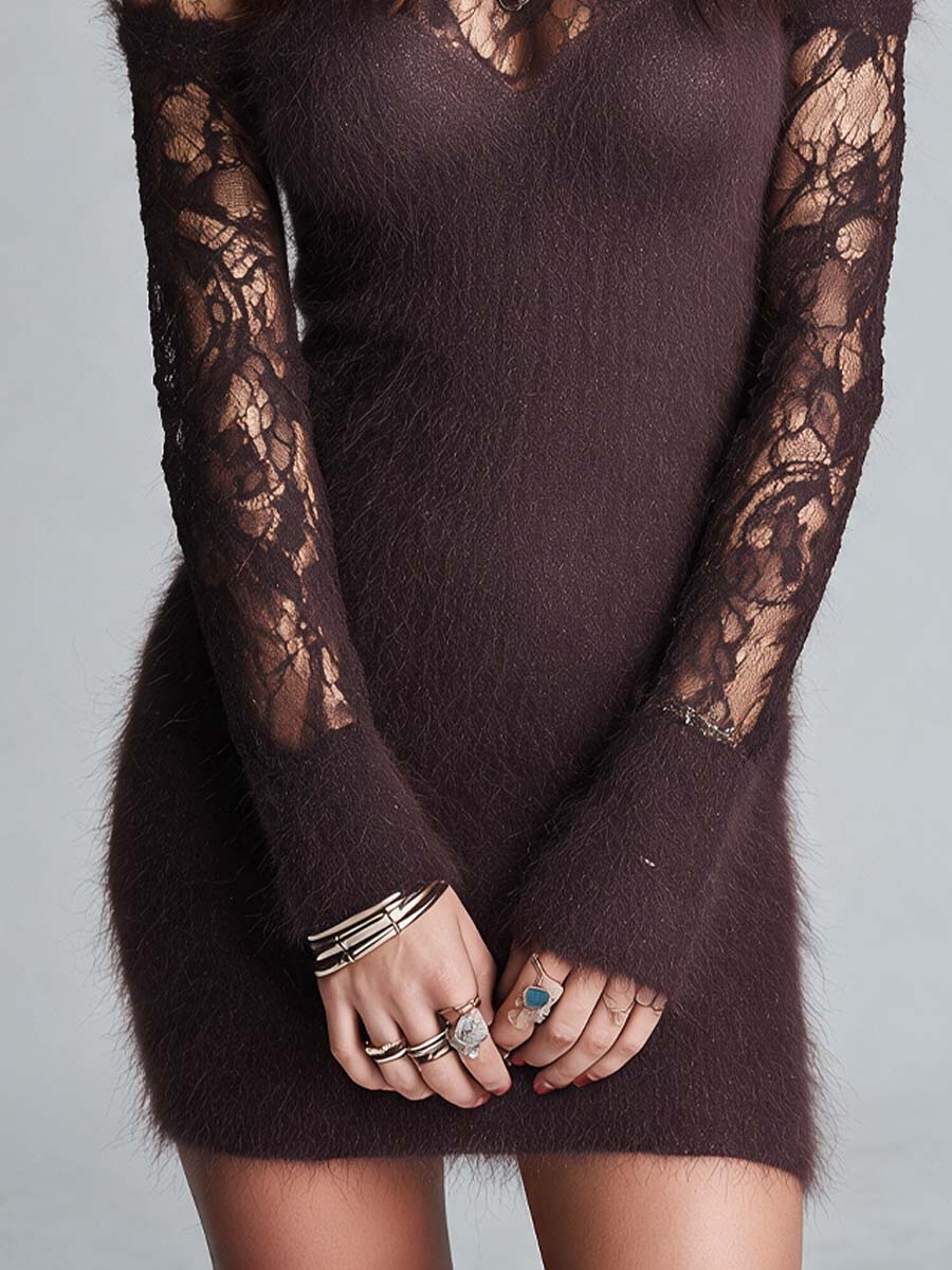 Retro Mohair And Lace Patchwork Long-sleeved Mini Dress