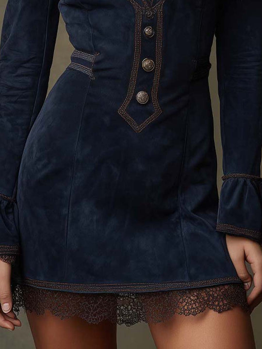 Retro Western-Style Suede Mini Dress With Contrast Webbing Detail
