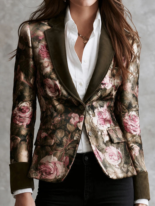 Vintage Victorian Rose Floral Olive Suede Lapel Blazer