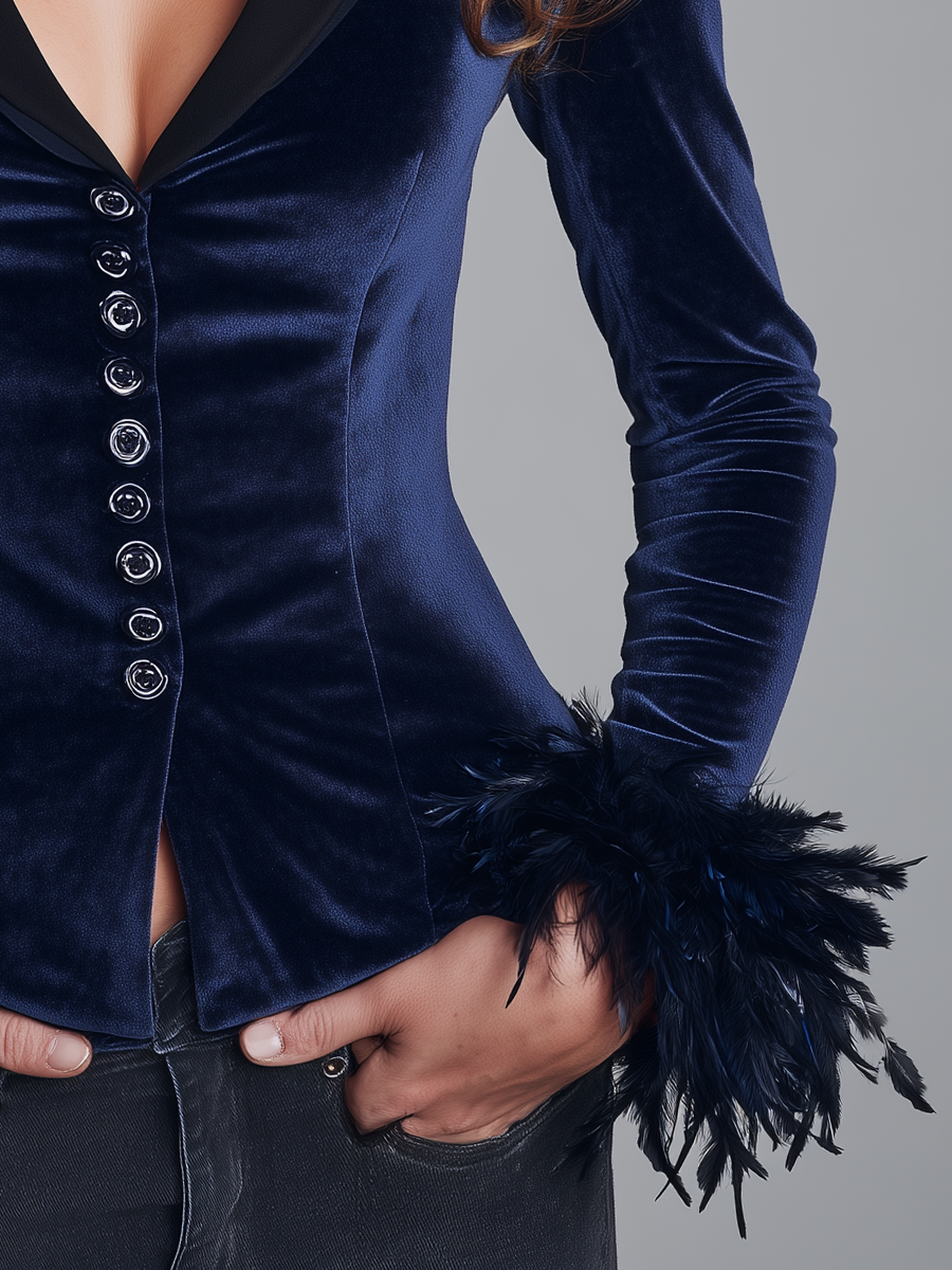 Elegant Navy Feather Cuff Velvet Jacket