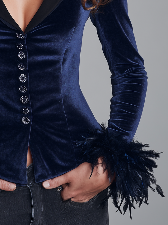 Elegant Navy Feather Cuff Velvet Jacket