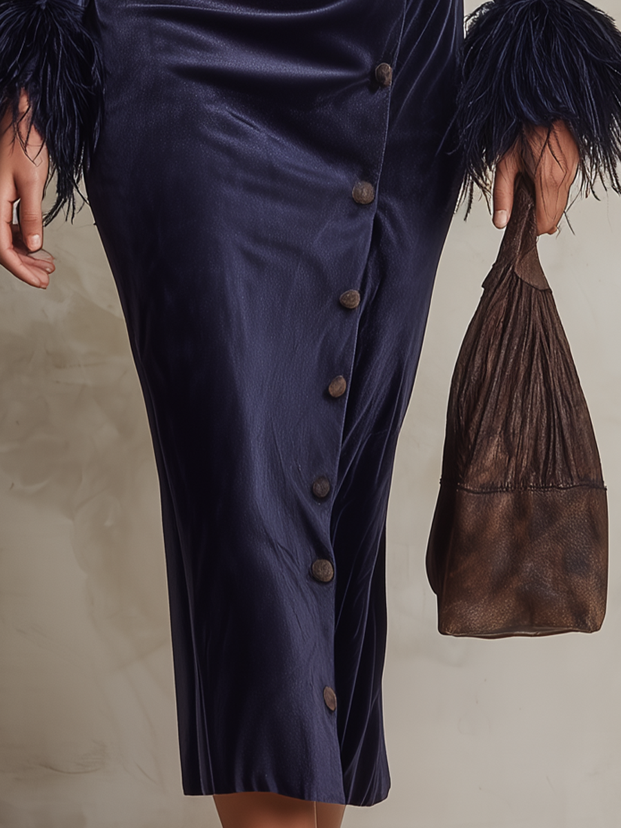 Elegant Navy Feather Cuff Velvet Midi Dress